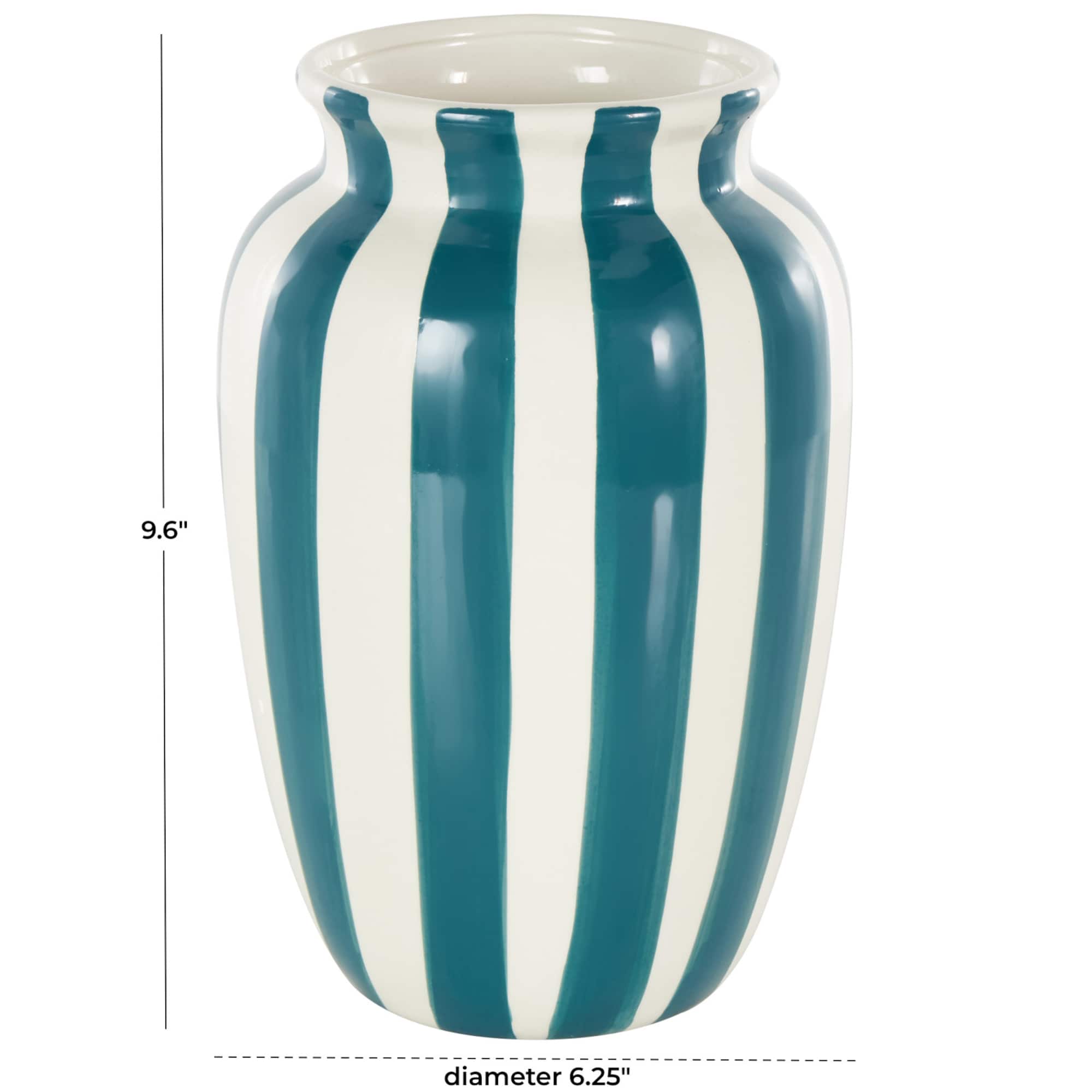 9.5" White & Teal Stripes Round Wide Ceramic Vase